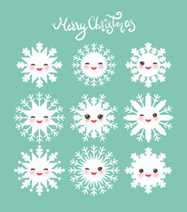 Merry Christmas card design Kawaii snowflake collection white funny face with eyes and pink cheeks on mint blue background. Vector