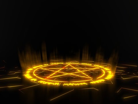 summon circle with pentagram on center. runic words for calling demons. glowing details in dark. 3d illustration