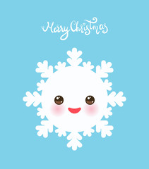 Merry Christmas card design Kawaii snowflake set white funny face with eyes and pink cheeks on blue background. Vector