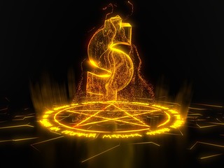 dollar summoning circle with pentagram for resolving economic crisis. runic words for calling demons. glowing details in dark. 3d illustration