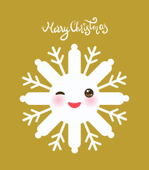 Merry Christmas card design Kawaii snowflake white funny face with eyes and pink cheeks on yellow gold background. Vector