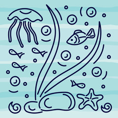 Doodle hand drawing illustration. Underwater world, Sea, ocean,river , plants and fish. jellyfish on the background of blue waves. Black and white Graphics. Vector
