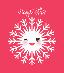 Merry Christmas card design Kawaii snowflake white funny face with eyes and red cheeks on pink background. Vector