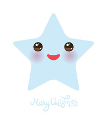 Merry Christmas card banner design Kawaii star, face with eyes, baby blue pastel colors on white background. Vector