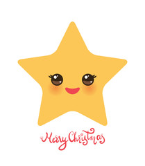 Merry Christmas card banner design Kawaii star, face with eyes, yellow gold pastel colors on white background. Vector