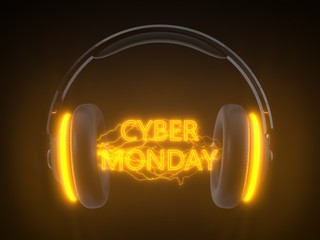 cyber monday concept with headset. orange neon text into electric arcs. 3d illustration