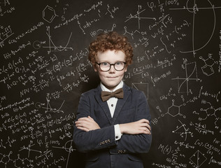 Retro styled portrait of cute little boy student on science background