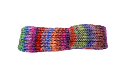 Winter multi-colored woolen scarf on white background.