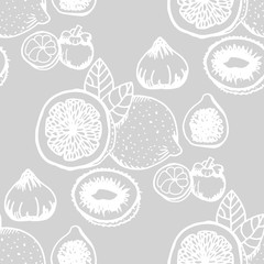 lemon, figs, kiwi, mangosteen tropical fruits seamless pattern