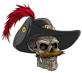 Cartoon detailed realistic colorful scary human skull in musketeer hat with belt, golden badge and feathers. Isolated on white background. Vector icon.