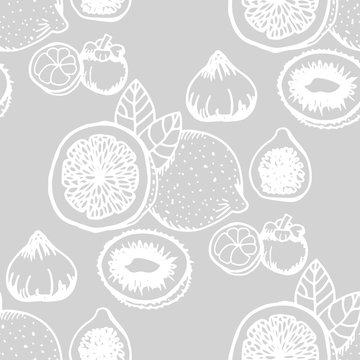 lemon, figs, kiwi, mangosteen tropical fruits seamless pattern © Mykyta
