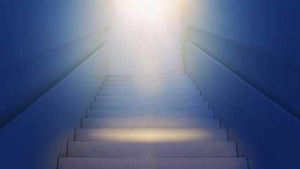 Stairs up leading to the light. Development, growth, success and approach to the goal concept