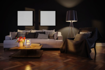 Cute living room interior with template frames by artificial light - 3d illustration