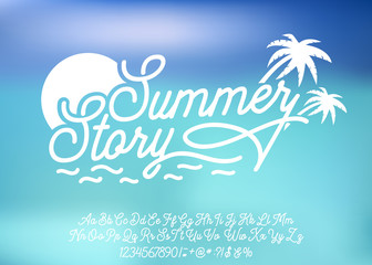Summer Story. Hand made script font. Vacation summer time. Waikiki beach. Vector illustration. Retro typeface and logo. Summer style.
