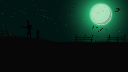 Fototapeta premium Halloween background, template for your creativity with green night landscape with green full moon, zombie, witches and pumpkins. Template with space for text
