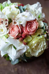the most beautiful flowers, magnificent bouquets of flowers on the leg in the interior of the restaurant for a festive floristry store or wedding salon for the bride or groom, a bridal bouquet, butane