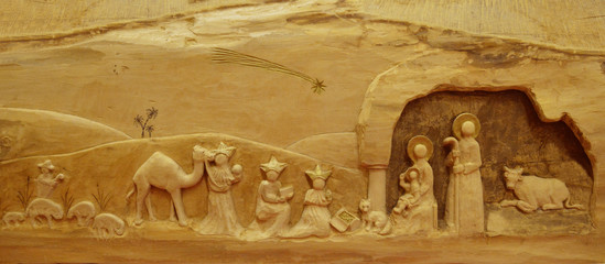 Nativity Scene on wood - obrazy, fototapety, plakaty