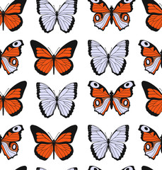 Obraz na płótnie Canvas Colorful flat cartoon vector seamless pattern with different butterflies on white background.