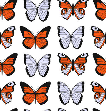 Colorful flat cartoon vector seamless pattern with different butterflies on white background.