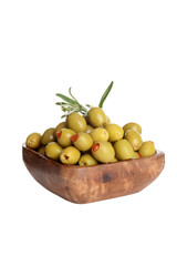 wood bowl of pimento green olives with rosemary isolated