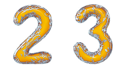 Number set 2, 3 made of realistic 3d render silver shining metallic. Collection of silver shining metallic with yellow color plastic symbol