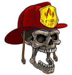 Cartoon detailed realistic colorful scary human skull in red firefighter helmet with golden badge. Isolated on white background. Vector icon.