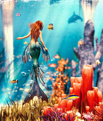 3d Fantasy mermaid in mythical sea,Fantasy fairy tale of a sea nymph,3d illustration for book cover or book illustration - 287196579