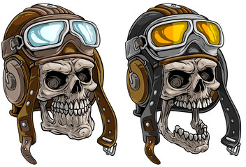 Cartoon detailed realistic colorful scary human skulls in retro leather aviator pilot protective helmet with eyeglasses. Isolated on white background. Vector icon set. © GB_Art