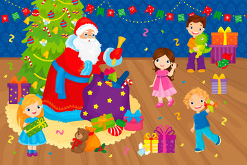Fototapeta premium Santa Claus Congratulates Children Near Christmas Tree