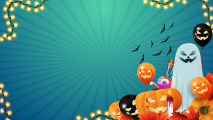 Halloween horizontal blue template for your arts with Halloween monsters. Pumpkin Jack, Halloween evil balloons and ghost on blue background