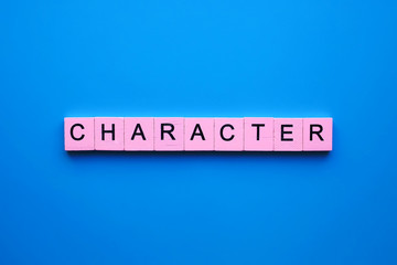 Character word wooden cubes on a blue background
