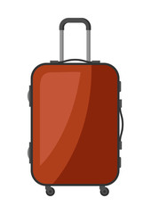 Brown plastic suitcase with wheels.