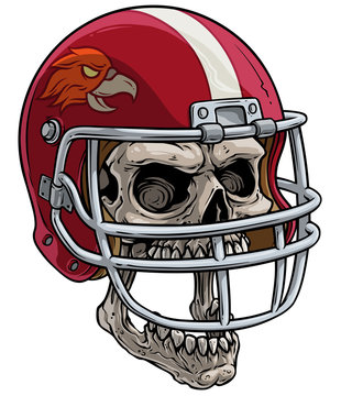 Cartoon detailed realistic colorful scary human skull in red american football rugby protective sport helmet with eagle. Isolated on white background. Vector icon.