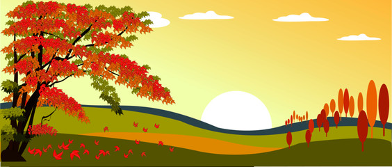 Countryside landscape in autumn with fallen leaves on the grass, Vector illustration of horizontal banner of autumn landscape mountains and maple trees in fall season.