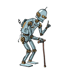 very old robot man with a stick