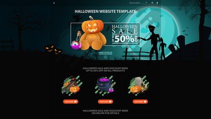 Halloween template for the web site with discount banner. Template with Halloween background. Full blue moon, zombie and witches.