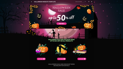 Halloween template for the web site with discount banner. Template with Halloween background. Full pink moon, zombie, witches and an old abandoned mill.
