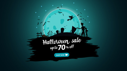 Halloween sale, up to 50% off, modern discount banner with blue full moon, cemetery, zombie, witches and bats