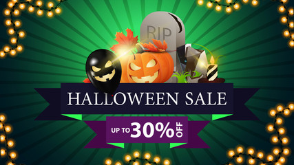 Halloween sale, up to 30% off, modern discount banner in the form of ribbon with Halloween ballons, tombstone and pumpkin Jack