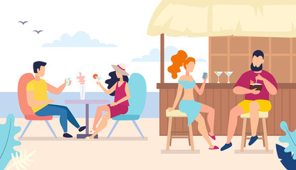 Cartoon Girls And Guys In Cafe On Beach