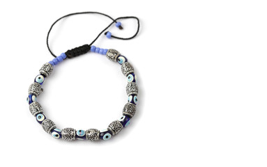 Stone, metal, glass Bead bracelet on white background.