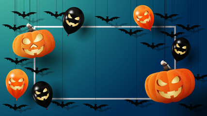 Halloween template for your creativity with frame for your text, bats, pumpkins and balloons tied with ropes to the ceiling and floating in the air