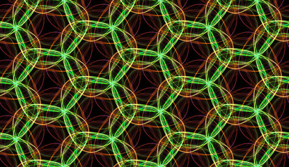 Psychedelic seamless background. Design of repeating glowing multi colored circles on black background.