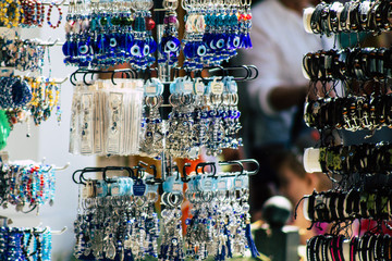 Closeup of traditional decorative objects sold in souvenirs shops in the streets of Athens in Greece