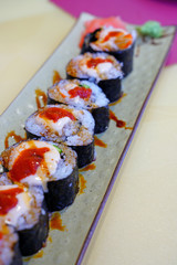 Platter of gourmet vegan vegetable sushi