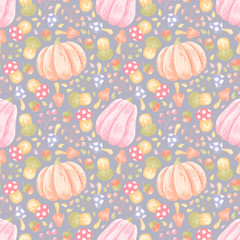 Watercolor pattern with cozy autumn elements, like leaves, apples, pumpkin and other. Collection of elements for party, fall festival or Thanksgiving day. 