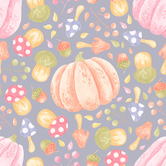 Watercolor pattern with cozy autumn elements, like leaves, apples, pumpkin and other. Collection of elements for party, fall festival or Thanksgiving day.