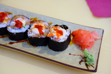 Platter of gourmet vegan vegetable sushi
