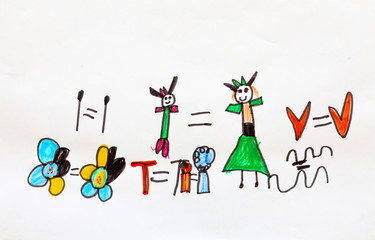 Fototapeta na wymiar foto di disegni semplici di persone e oggetti eseguiti a pastello su carta del genere infantile 