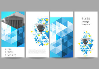 The minimalistic vector illustration of the editable layout of flyer, banner design templates. Blue color polygonal background with triangles, colorful mosaic pattern.